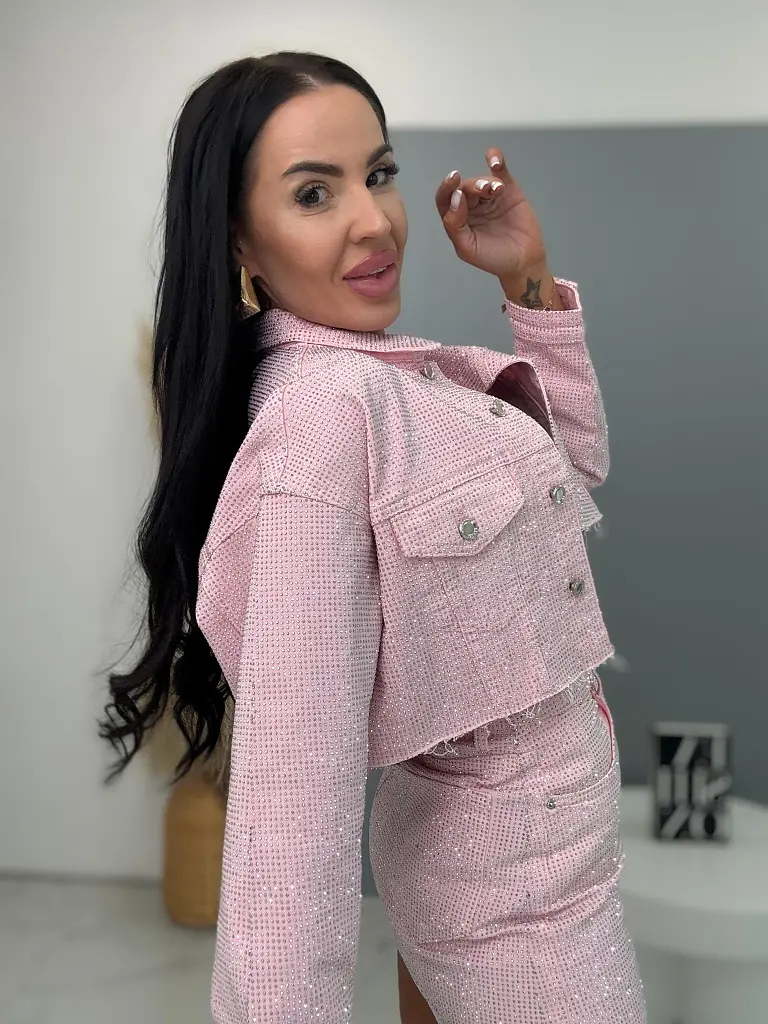 Pink crop denim jacket s kamienkami CRYSTAL