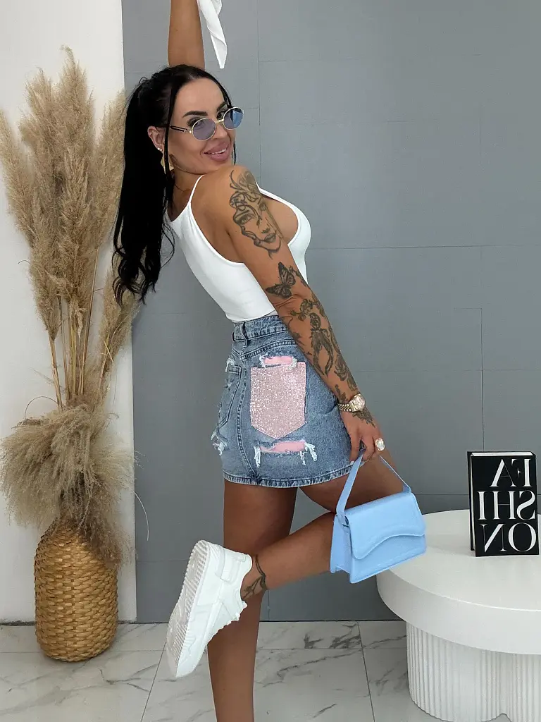 Rifľová sukňa so zadným trblietavým vreckom FLEXI