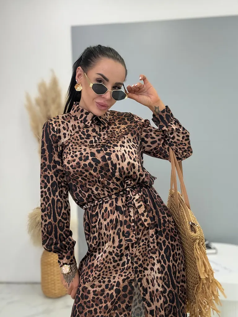 Saténové košelové šaty s leopardím vzorom a opaskom LEONA