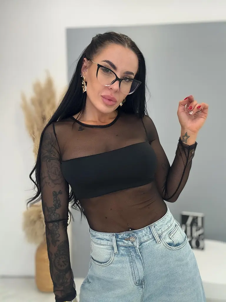 Čierne šifónové body s dlhým rukávom RENA