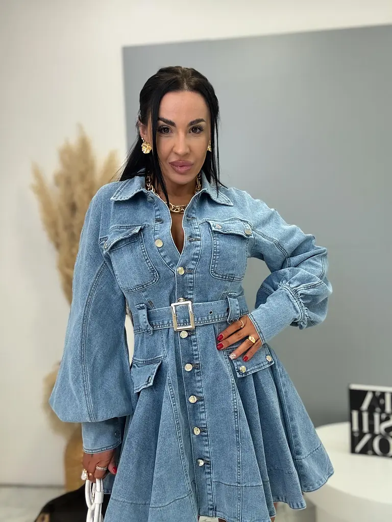 Džínsové rozšírené šaty na gombíky s opaskom PIPER