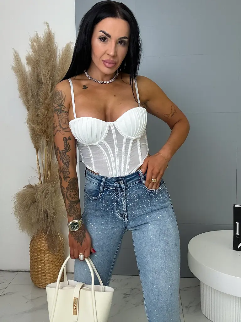 Extra elastické push-up prémium džínsy s vysokým pásom a kamienkami - next