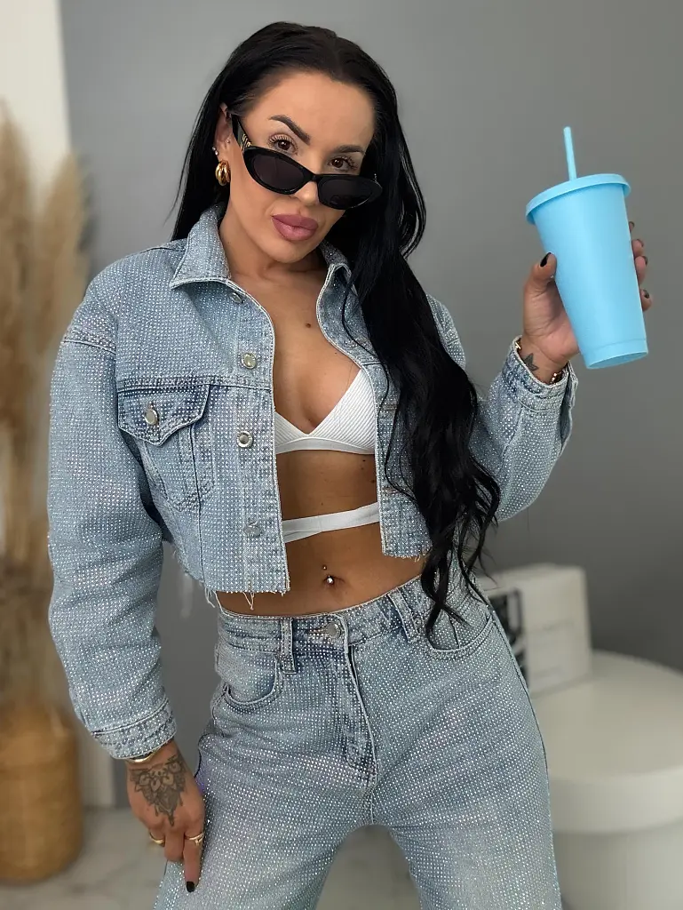 Crop denim jacket s kamienkami RAINBOW DIAMANT