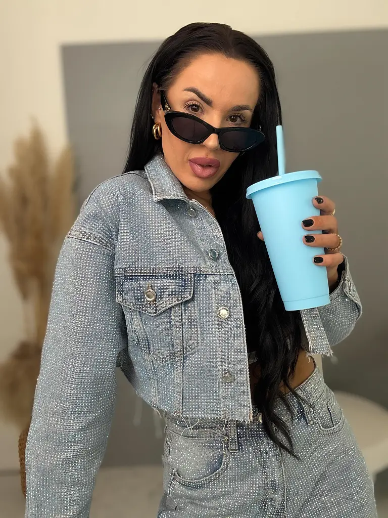 Crop denim jacket s kamienkami DIAMOND BLUE - next