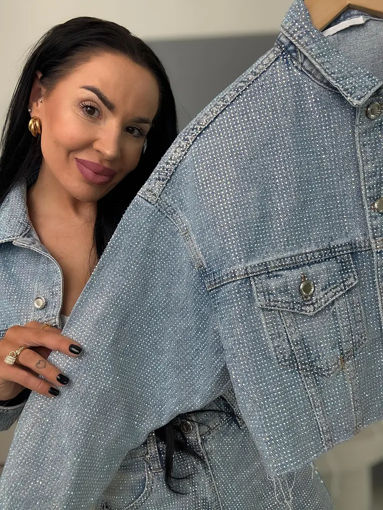Crop denim jacket s kamienkami DIAMOND BLUE