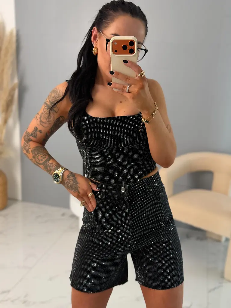 Rifľové šortky s kamienkami DIAMOND BLACK