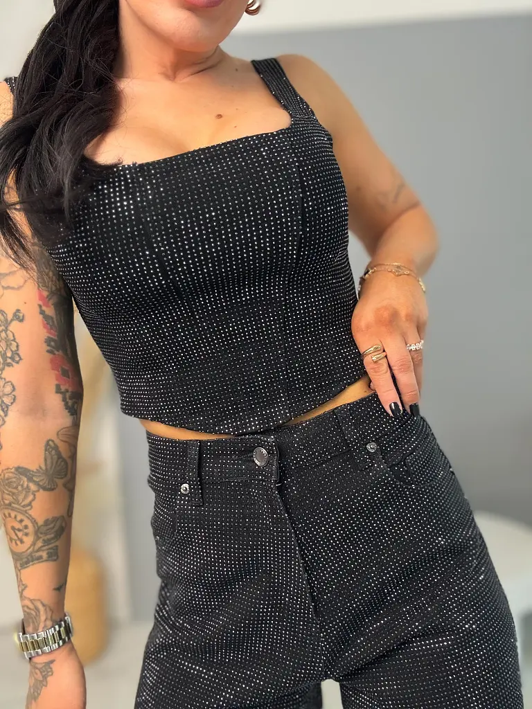 Denim crop-top s kamienkami CRYSTAL