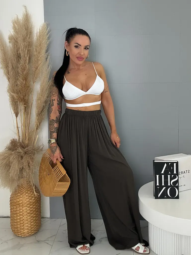 Flowing tmavohnedé nohavice s gumeným pásom ARIA