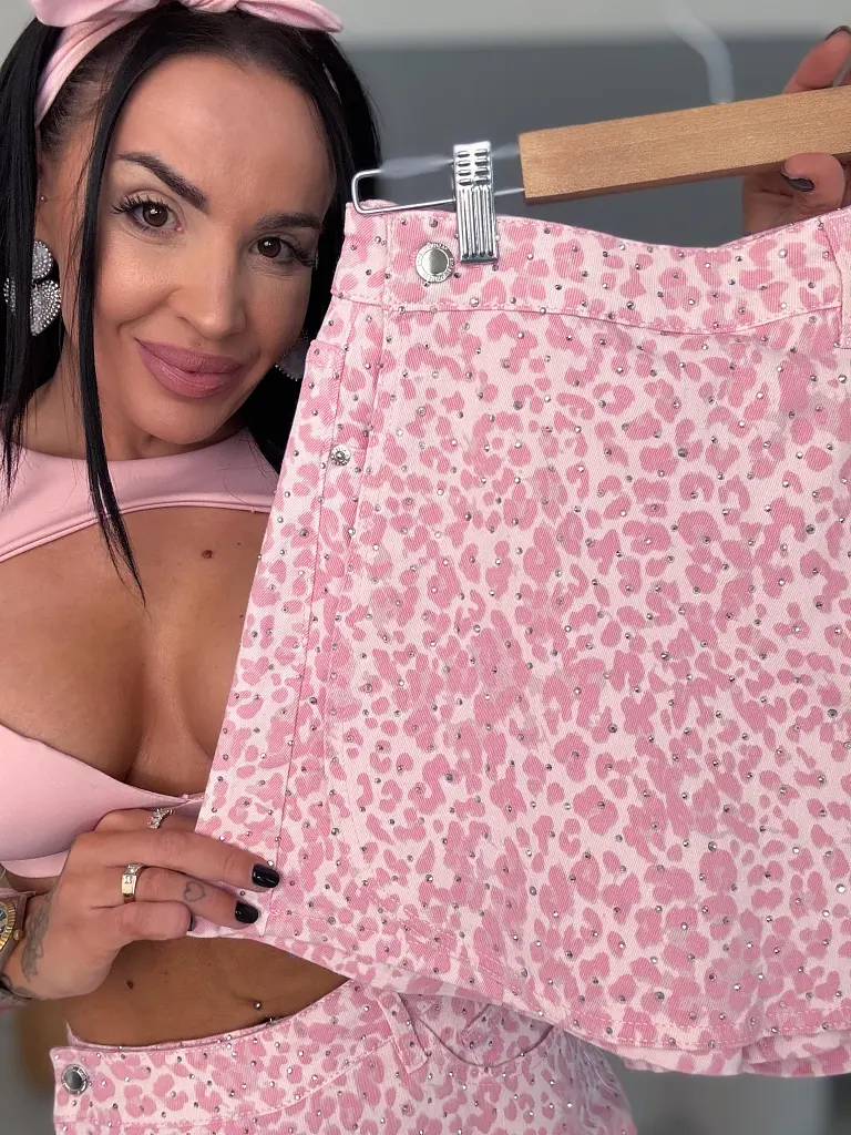 Denimový skort s leopardím vzorom zdobený kamienkami AURA