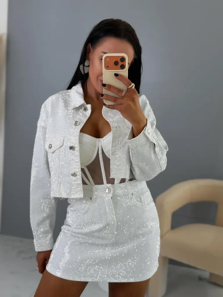 White crop denim jacket s kamienkami ICE CRYSTAL 