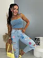 Roztrhané mom fit rifle s vysokým pásom a potlačou FLORAL