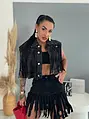Crop denim vesta s kamienkami a strapcami DALLAS