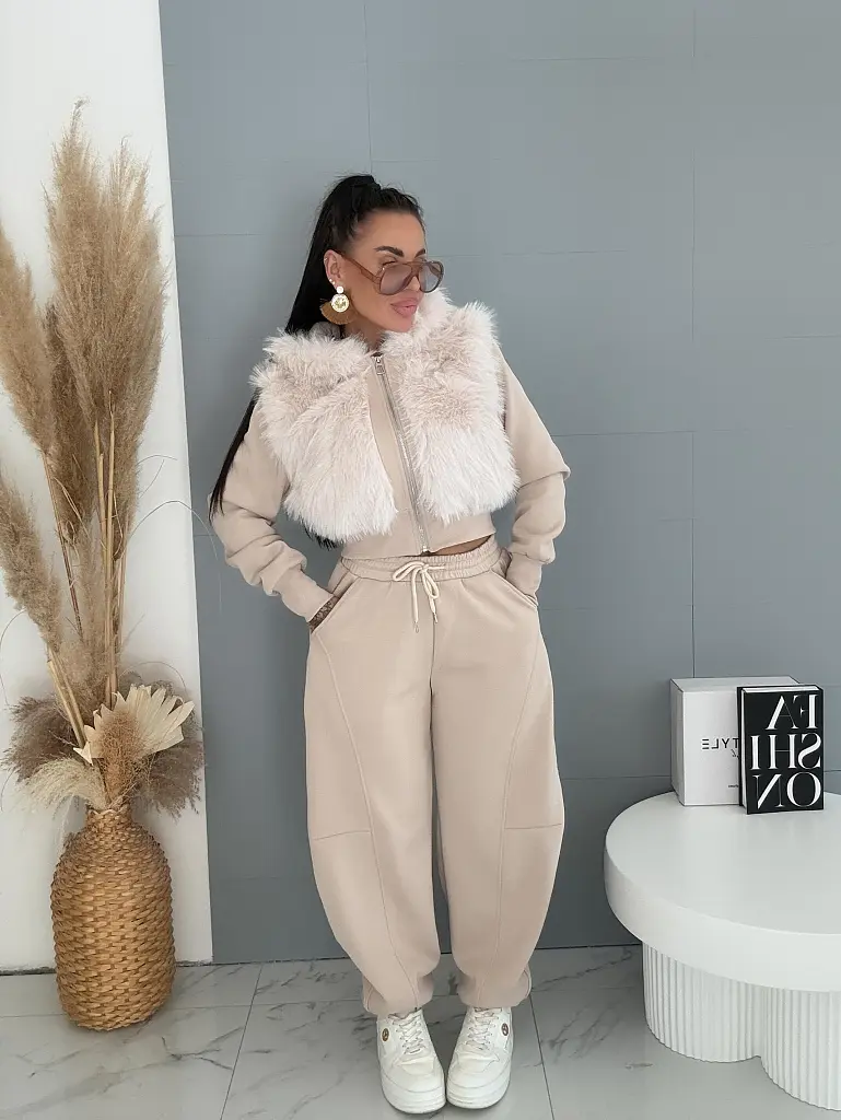 Prémium baggy súprava s kožušinou BEIGE LUXURY