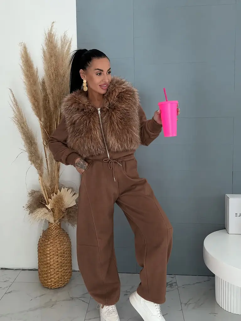 Prémium baggy súprava s kožušinou BROWN LUXURY