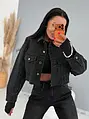 Black crop denim jacket s kamienkami CRYSTAL