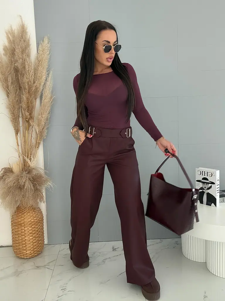 Wide leg nohavice z ekokože s ozdobným opaskom ONYX