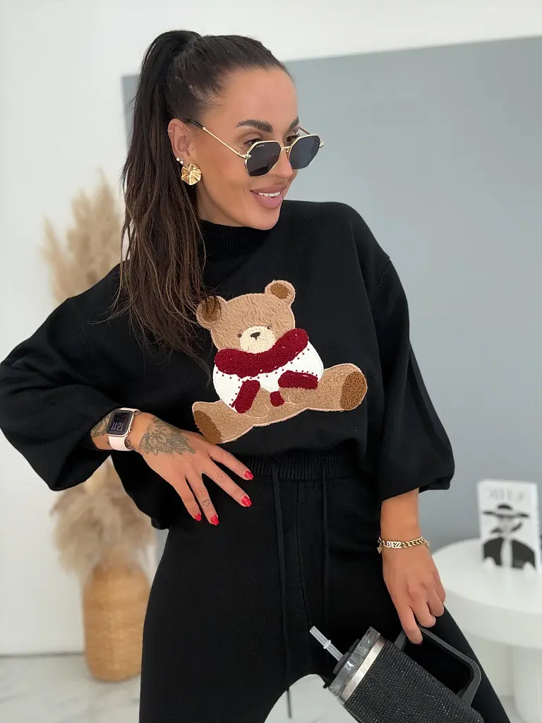 Čierny dvojdielny pletený set s medvedíkom TEDDY