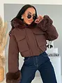 Zateplená bomber bunda s kapucňou a umelou kožušinou COFFEE NOIR